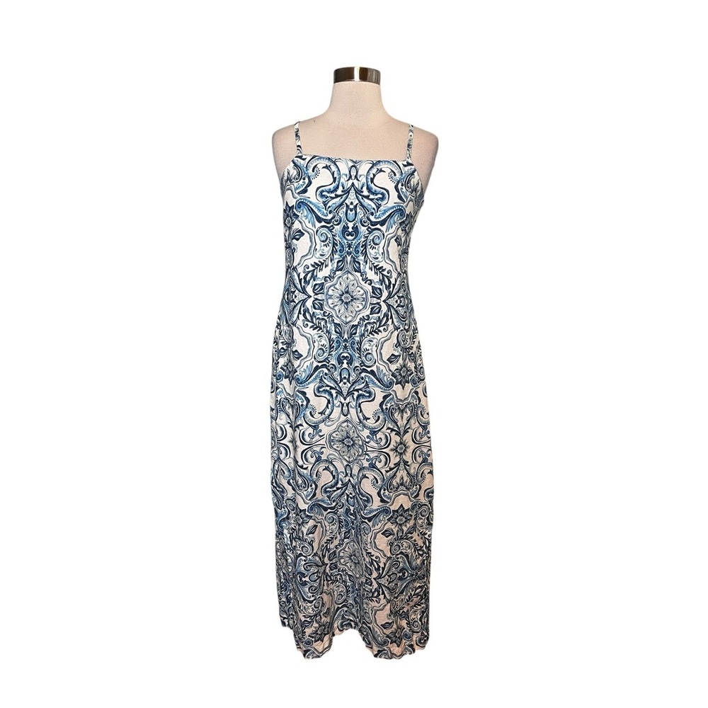 Parker Linen Dress Size Small Paisley Print Blue And White Sleeveless Maxi